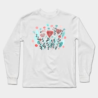 Watercolor whimsical flowers - coral and green Long Sleeve T-Shirt